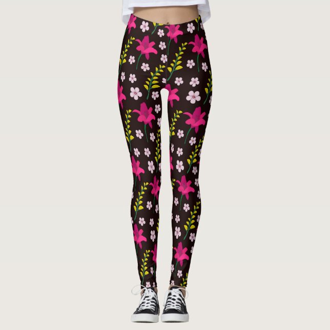 Fet blommönster på svart bakgrund leggings (Framsida)