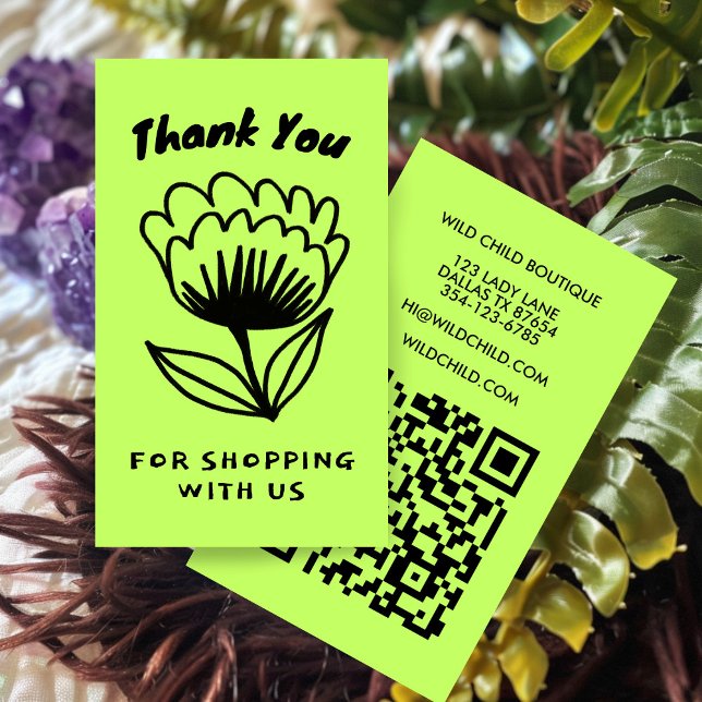 FET BLOOM ORDER TACK Minimal Blommigt QR-kod Visitkort (BOLD BLOOM ORDER THANK YOU Minimal Floral Lime Green QR code Business Card
)