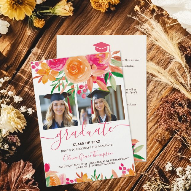 Fet Boho Watercolor Blommigt 2-Photo Studenten Inbjudningar (Bold Watercolor Floral 2-Photo Graduation Invitation)