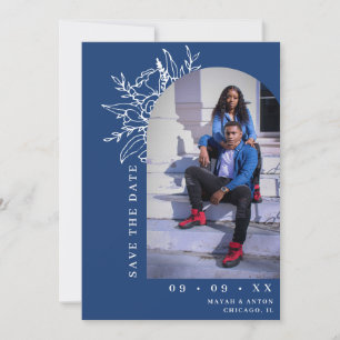 Fet Bold Blue Botanical Blommigt Arch Photo Bröllo Spara Datumet