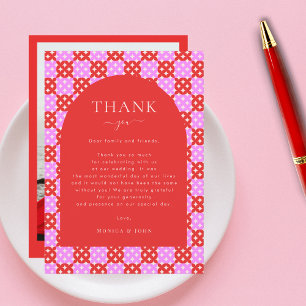 Fet Bright Red Rosa Mid Century Mod Photo Bröllop Tack Kort