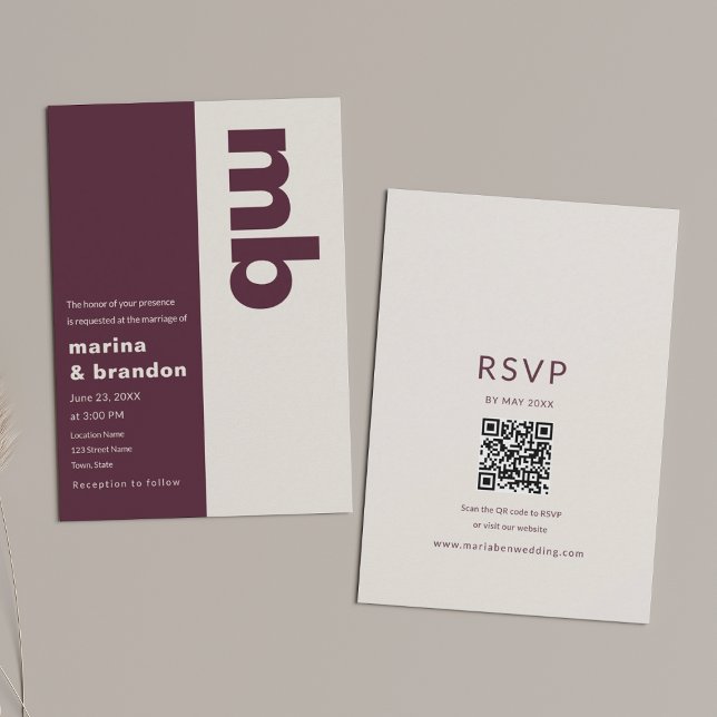 Fet Burgunder Redaktionell QR Bröllop Inbjudningar (Skapare uppladdad)