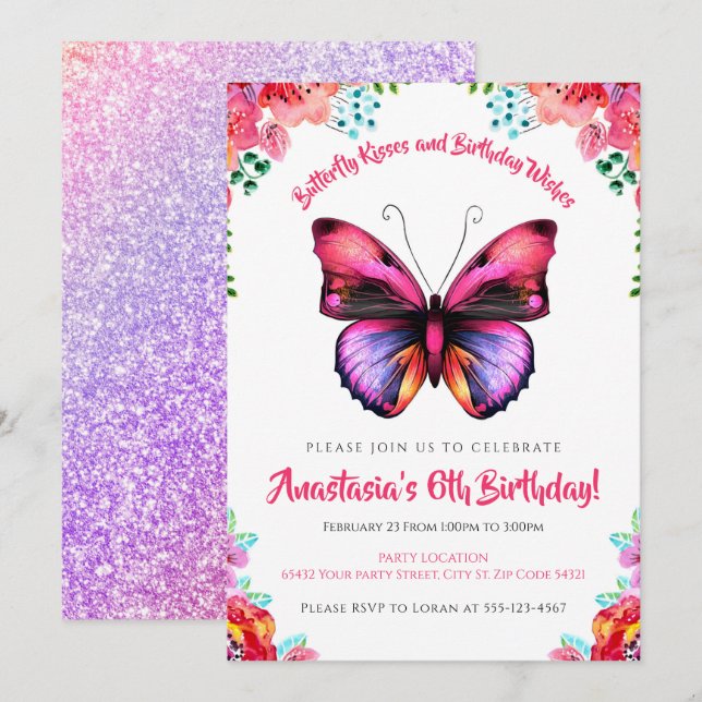 Fet, Butterfly Watercolor Blommigt Birthday Inbjudningar (Fram/baksida)
