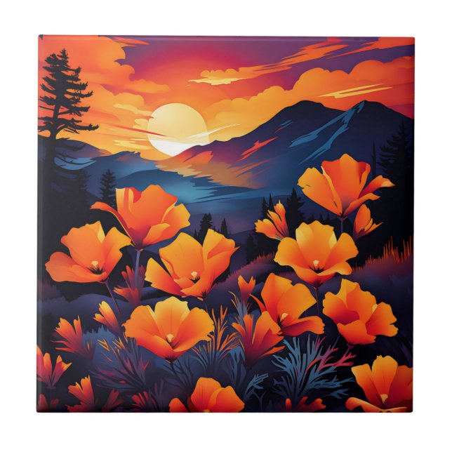 Fet California Poppy med Fiery Sunset Kakelplatta (Framsidan)