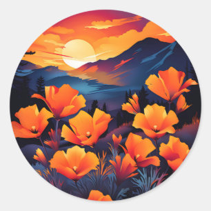 Fet California Poppy med Fiery Sunset Runt Klistermärke