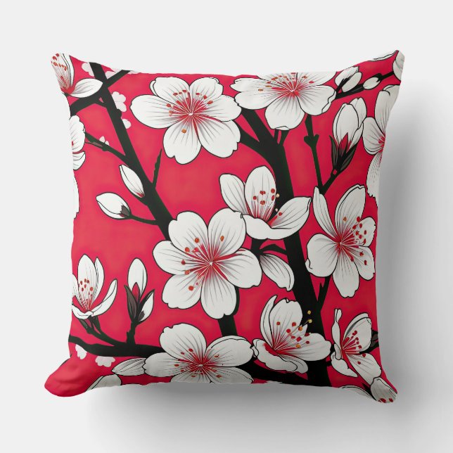 Fet Cherry Blommar Illustration on Red Kudde (Framsida)