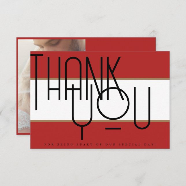 Fet Crimson Red Typography Photo Bröllop Tack Kort (Fram/baksida)