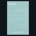 Fet enkel Aqua Blue Simple Personligt bröllp Menu<br><div class="desc">Ange tonen för en elegant bröllop-matningsupplevelse med det här menykortet för snyggt bröllop. Med en sofistikerad blå akvablåbakgrund och ren vit typografi lyfter anpassadets meny parets datum namn och bröllop. Perfekt för mottagningar, repetitionsmiddagar eller möhippor ger den här moderna och minimalistiska designen en förfinad beröring till din bord samtidigt som...</div>