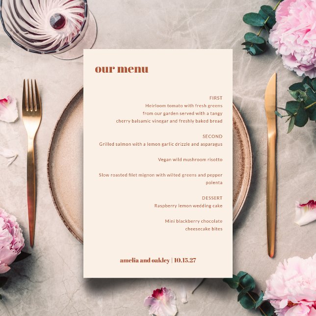 Fet enkel Boho Rust Simple Personligt bröllp Menu (Skapare uppladdad)