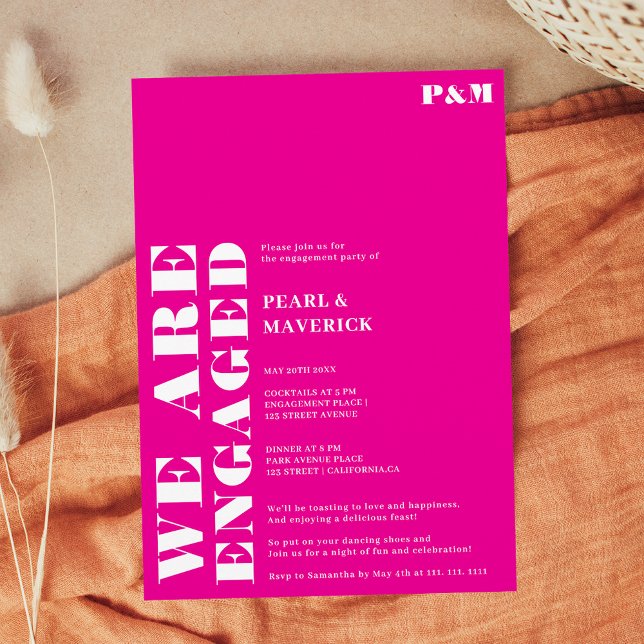 Fet enkel nybörjare rosa bröllop förlovningsfest inbjudningar (Bold simple neon pink wedding engagement party invitation)