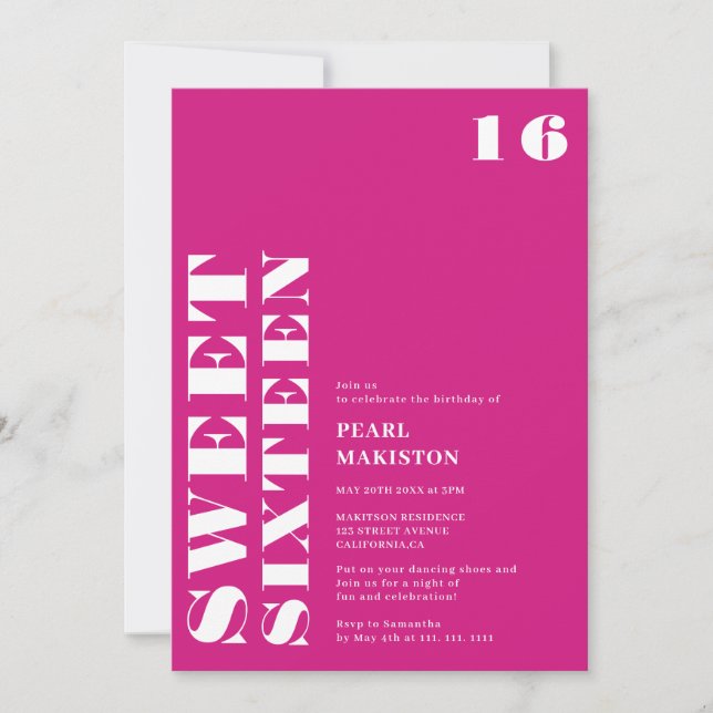 Fet enkel nybörjare rosa söt 16-årsdag inbjudningar (Framsida)