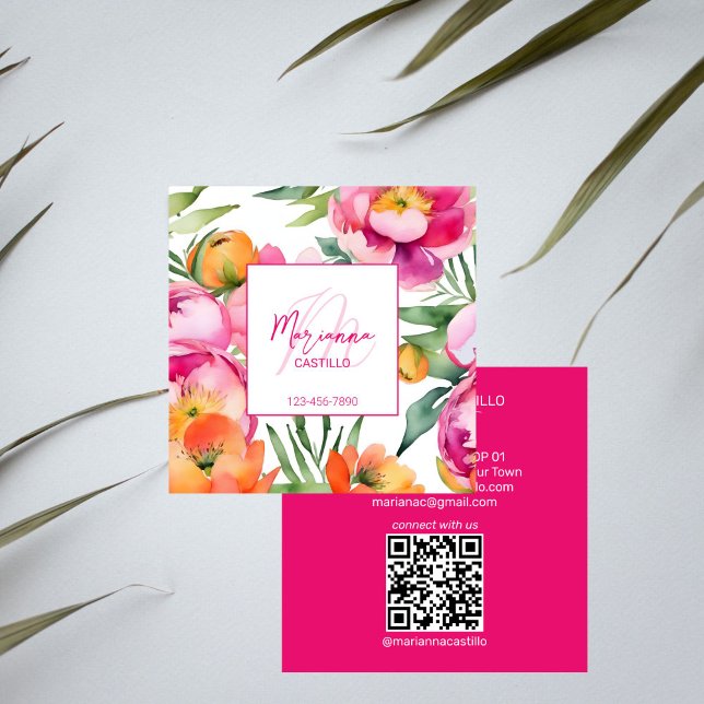 Fet, färglöst rosa blommor chic modern mall fyrkantigt visitkort (Bold colorful pink flowers chic modern template square business card fuchsia hot pink girly floral)