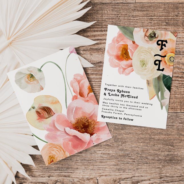 Fet färgstark Blommigt | Monogrambröllop - inbjuda Inbjudningar (Skapare uppladdad)