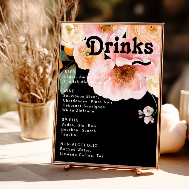 Fet färgstark Blommigt | Svart Bröllop Drinks Menu Poster (Skapare uppladdad)
