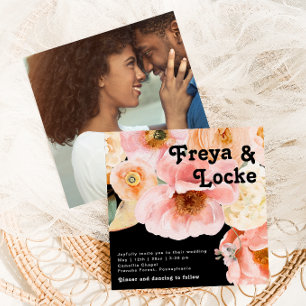 Fet färgstark Blommigt   Svart kvadratfoto Bröllop Inbjudningar