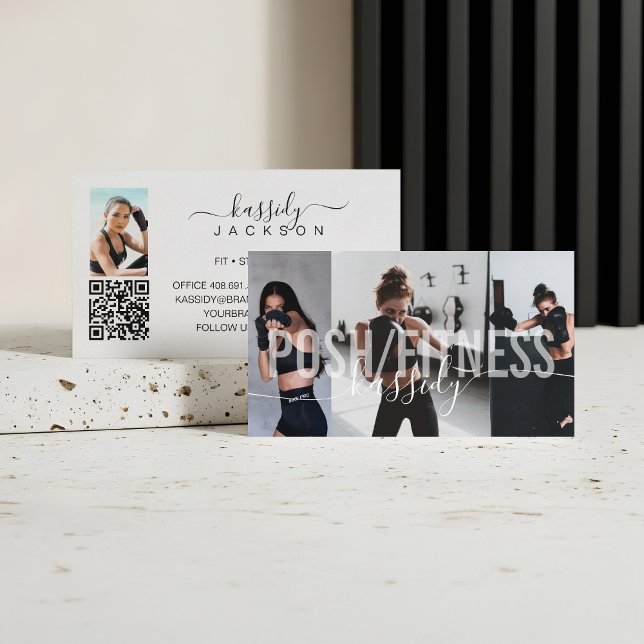 Fet Fitness Trainer Photo Collage Script Namn QR Visitkort (Bold Fitness Trainer Photo Collage Script Name QR Business Card)
