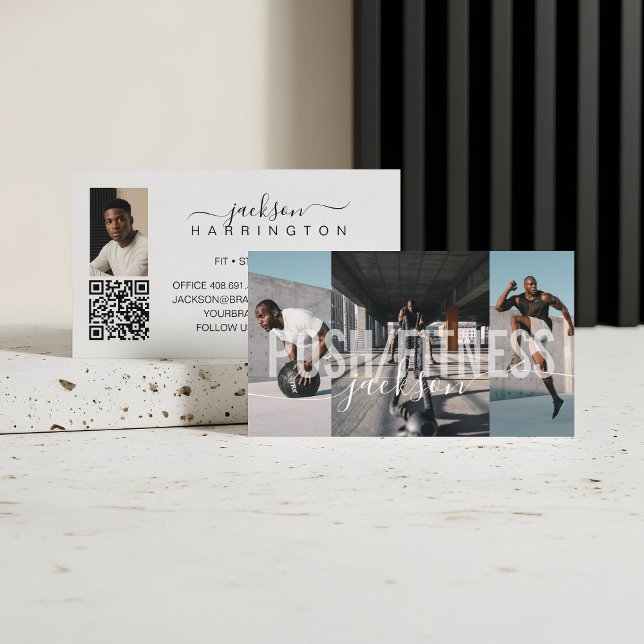 Fet Fitness Trainer Photo Collage Script Namn QR Visitkort (Bold Fitness Trainer Photo Collage Script Name QR Business Card)
