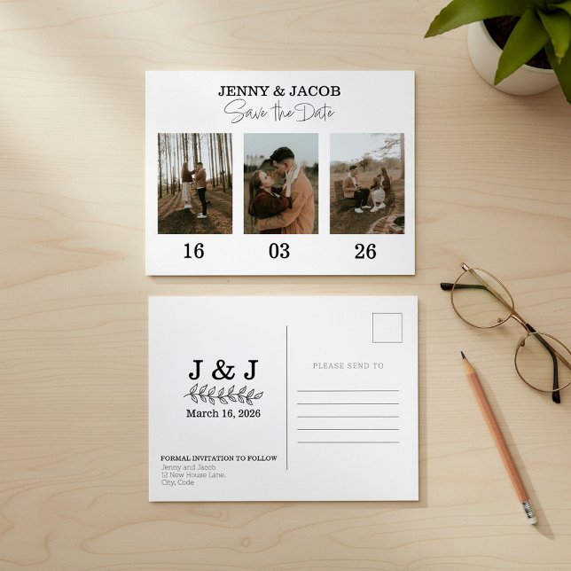 Fet fotokollage data Spara datum Vykort (Bold Photo Collage dates Save the Date Postcard.)