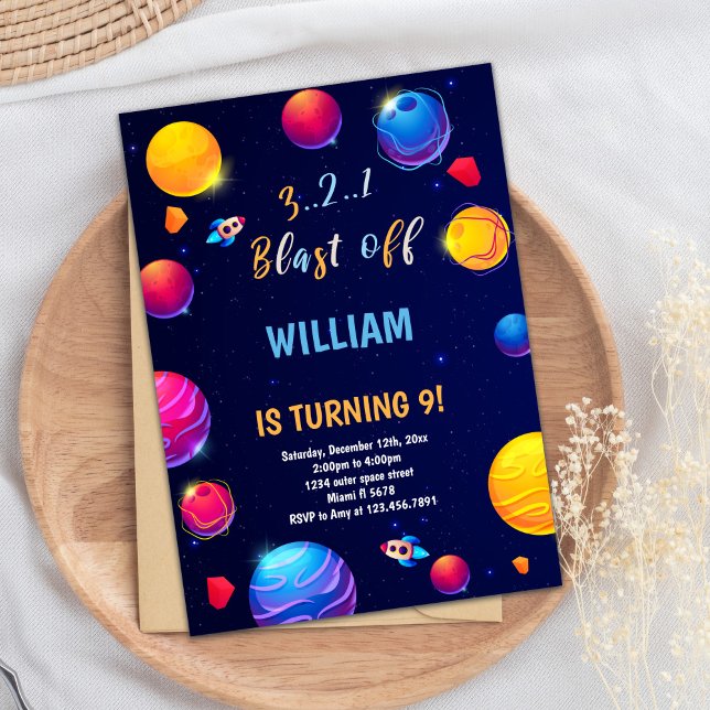 Fet Galaxy Theme för barn Inbjudningar (Orange Planet Outer Space Birthday Invitations)