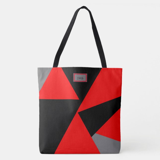 Fet geometri, svart, röd, Grått monogrammad Tygkasse (Framsida)