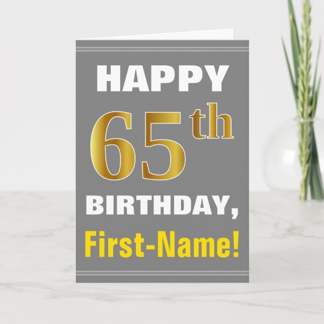 Fet, Grått, Faux Guld 65e Birday w/ Namn Card Kort (Framsida)