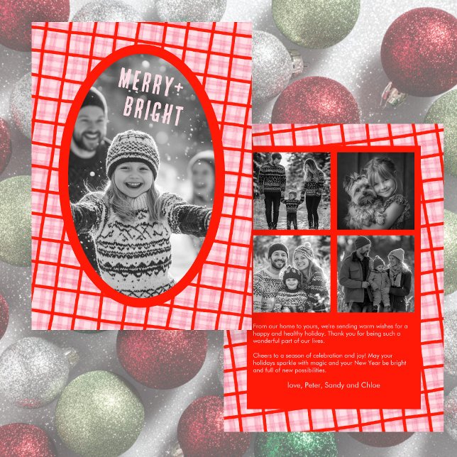 Fet Grid Rosa Röd Jul Anpassad Foto Collage Julkort (Bold Grid Pink Red Plaid Gingham Christmas Custom Photo Collage Holiday Card Merry and Bright
)