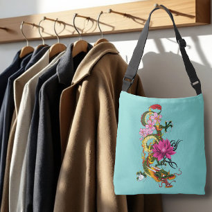 Fet Grön Kinesisk Drak Lotus Teal Tatovering Axelväska