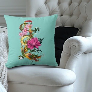 Fet Grön Kinesisk Drak Lotus Teal Tatovering Kudde