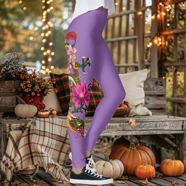 Fet Grön Kinesisk Drak Lotus Teal Tatovering Leggings (Skapare uppladdad)