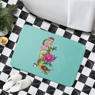 Fet Grön Kinesisk Drak Lotus Teal Tatuering Badrumsmatta