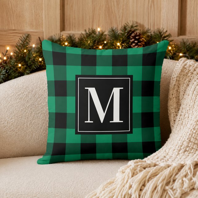 Fet Grön Svart Buffalo Rutig Monogram Jul Kudde (Skapare uppladdad)
