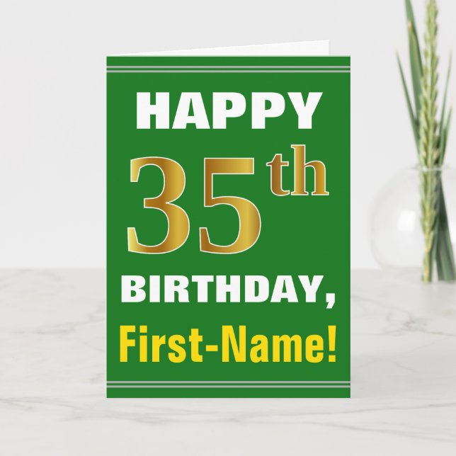 Fet, Grönt, Faux Guld 35e Birday w/ Namn Card Kort (Framsida)