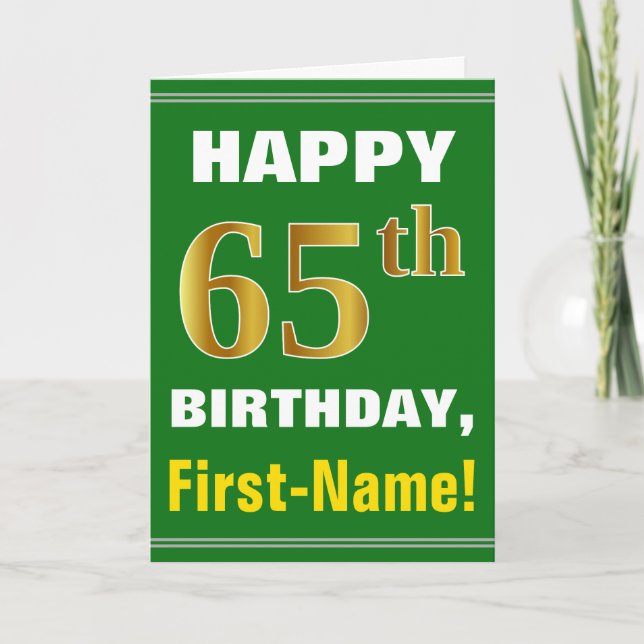 Fet, Grönt, Faux Guld 65e Birday w/ Namn Card Kort (Framsida)