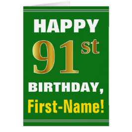 Fet, Grönt, faux Guld 91:a födelsedagen med Namn-k Hälsningskort