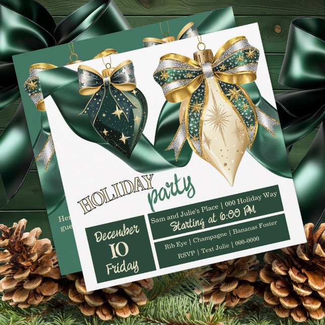 Fet Grönt och Guld Helgdag Baubles med Ribbon Inbjudningar (Bold Christmas baubles on your holiday party invite in pretty gold and green )