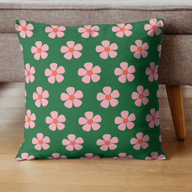 Fet Grönt och Rosa Flower Tropical Whimsical Vår Kudde (Skapare uppladdad)
