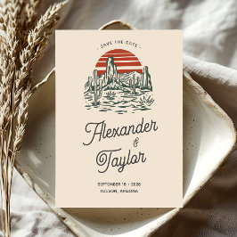 Fet Grönt Retro Saguaro Cactus Desert Bröllop Spara Datumet