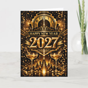 Fet Guld Art Deco Stad Nyår 2027 Helgkort