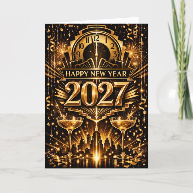 Fet Guld Art Deco Stad Nyår 2027 Helgkort (Framsida)