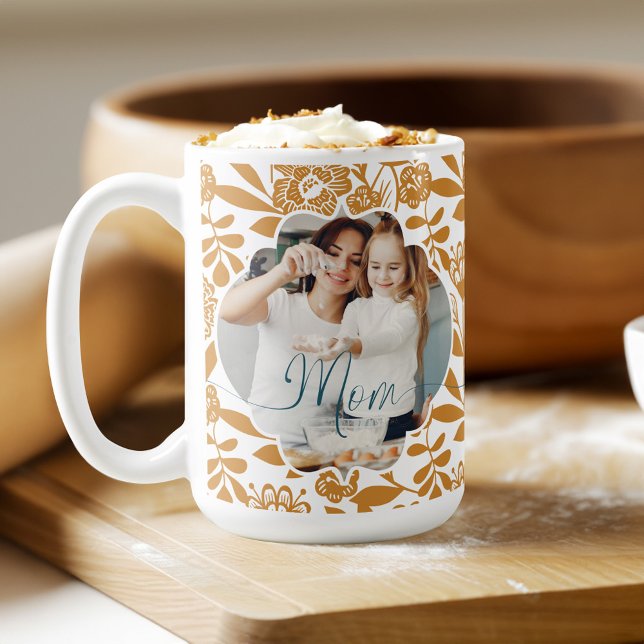 Fet Gult Blommönster Mamma Photo Kaffemugg (Bold Yellow Floral Pattern Mom Photo Coffee Mug)