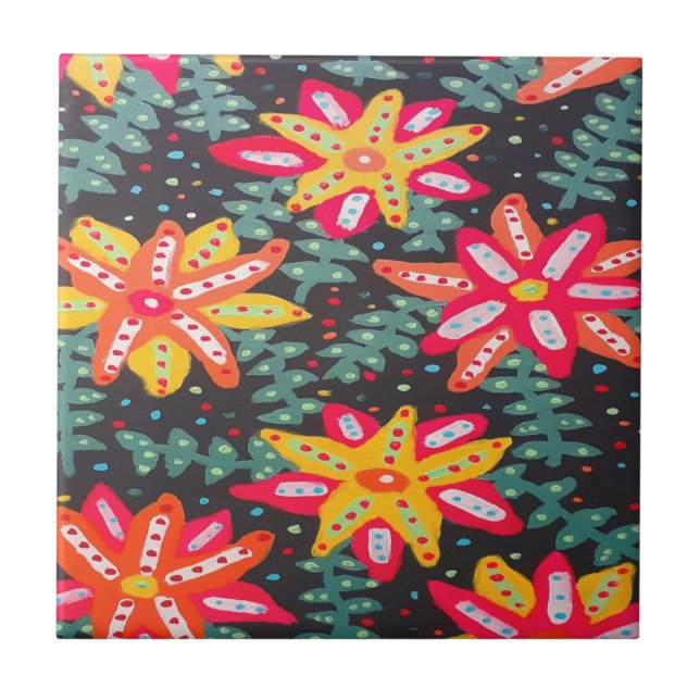 Fet Gult och Orange Blommor på Black Stone Coa Kakelplatta (Framsidan)