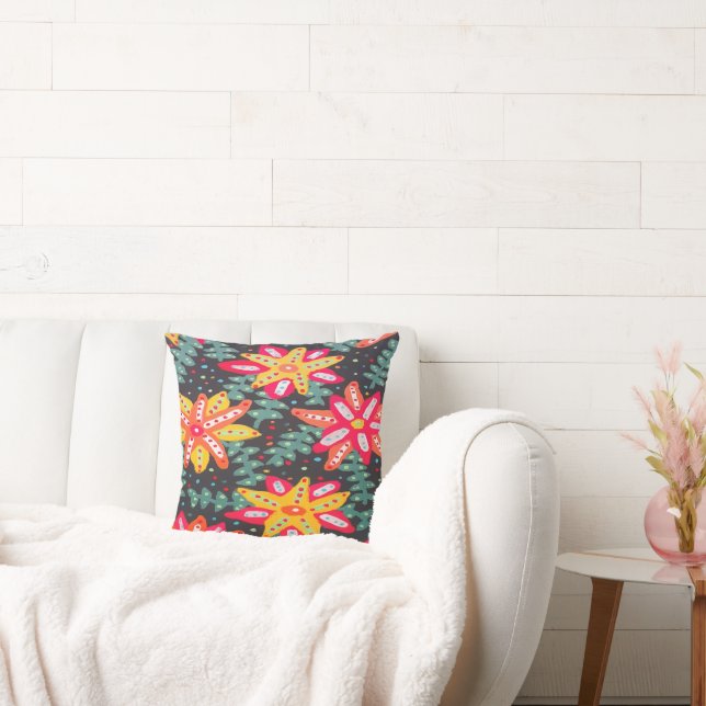Fet Gult och Orange Blommor, svart Kudde (Soffa)