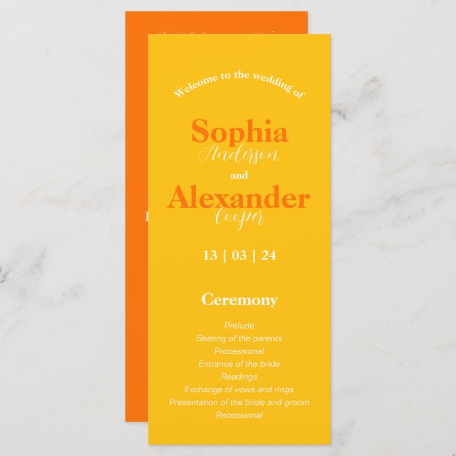 Fet Gult och Orange Färgt Bröllopsprogram (Fram/baksida)