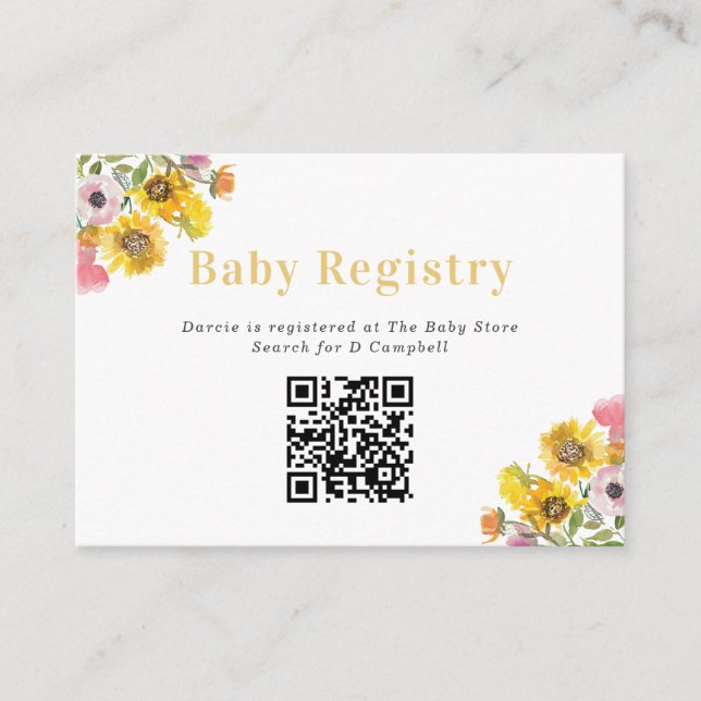 Fet Gult och Rosa Flowers Baby Registry QR-kod Tilläggskort (Framsida)