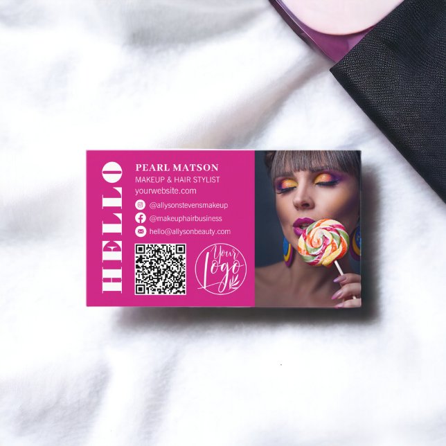Fet hej nyare rosa Qr-fotomedia logotyp social Visitkort (Bold hello neon pink Qr photo logo social media Business Card)