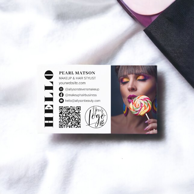 Fet hej, vit chic Qr, fotologotyp social-media Visitkort (Bold hello white chic Qr photo logo social media Business Card)