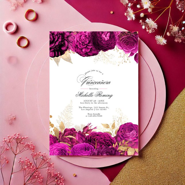 Fet Hett-Rosa och Guld Blommigt Quinceañera Photo Inbjudningar (Bold Hot-Pink and Gold Floral Quinceañera Photo Invitation)