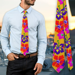 Fet Hibiscus Mönster Guld Bröllop Tie Slips