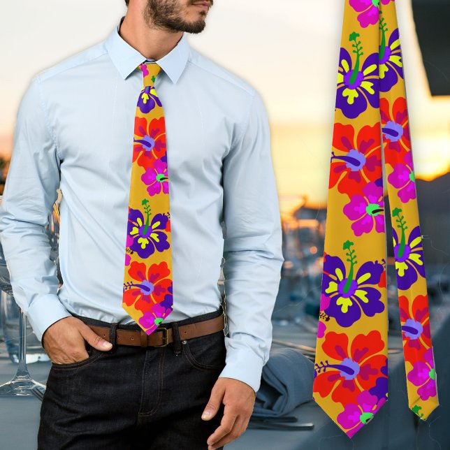 Fet hibiskus-mönstrad gul bröllopsslips slips (Skapare uppladdad)
