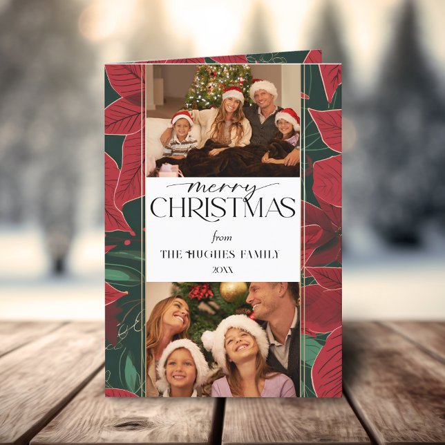 Fet jul Poinsettia Botanical 2-Photo Helgkort (Skapare uppladdad)